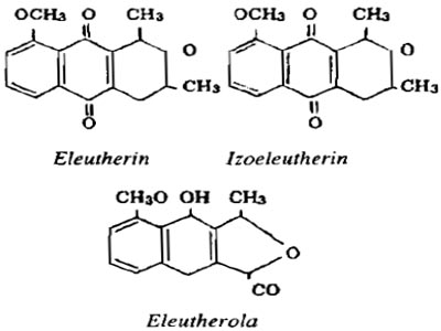 eleutherin, C16H16O4, izoeleutherin, C16H16O4, eleutherola, C14H12O4